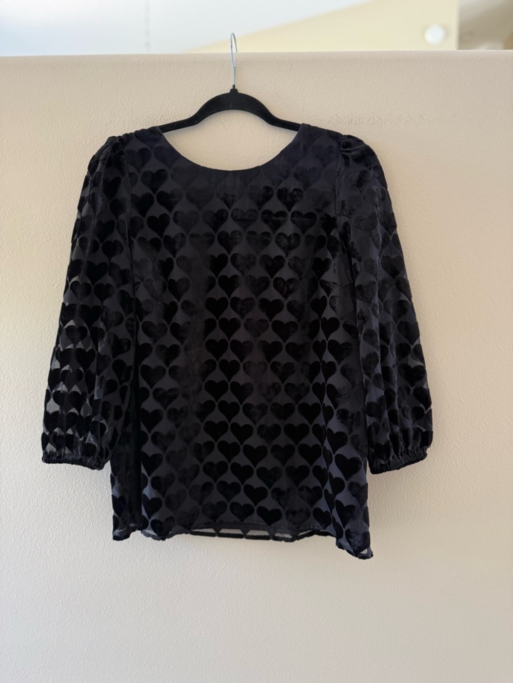 Talbots Black Sheer 3/4 Sleeve Velvet Heart Puff-Sleeve Blouse